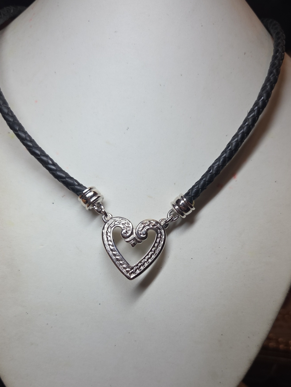 Premier Design Silver Heart Pendant on Black Braided Leather Necklace
